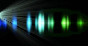 Animation of green and blue particles in white light beam and blue lights on black background. movement, energy and colour, abstract interface background concept digitally generated video.