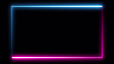 Abstract seamless looped neon frame animation background. Blue purple neon light line running on black. Glowing rectangle frame with empty space for logo or text. Alpha channel included.