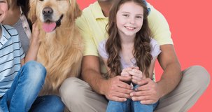 Animation of happy parents with son, daughter and pet dog, with heart balloons on pink background. family, love, health and togetherness concept digitally generated video.