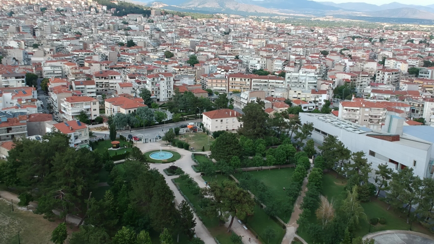 Aerial panoramic view over Kozani city, Greece