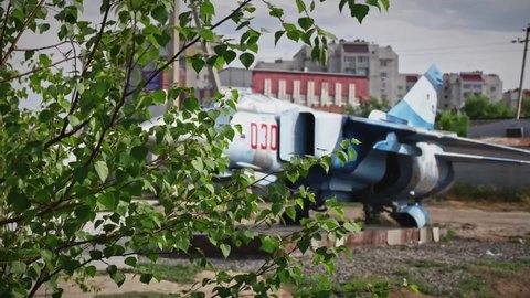Astrakhan, Russia - Jun 04, 2019: The aircraft installed as monument MIG-23 on Military Veterans Alley.