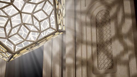 3D Shadow Lamp casting shadows on the jali or latticed screen niche. Side close up. 4K 3D model animation for TV show, catwalk, stage design, Arabian Nights, One Thousand and One Nights theme project.