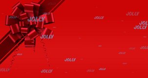 Animation of jolly text in repetition at christmas and red ribbon on red background. christmas, winter, tradition and celebration concept digitally generated video.