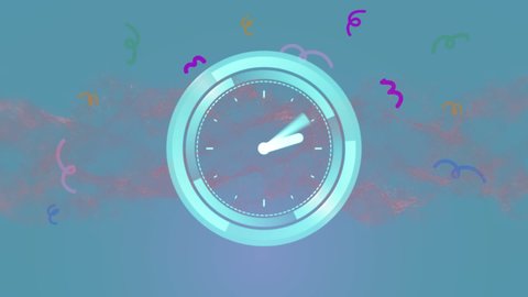 Animation of scanner with clock face over pink vapour and squiggles on blue background. global communication network and digital interface technology concept digitally generated video.