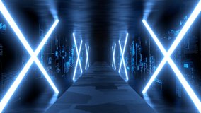 Neon Tunnel VJ Cyberspace Club Blue Pillar 3d render loop