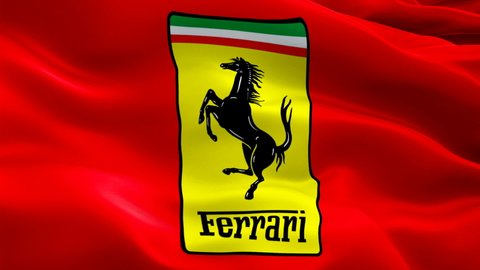 Ferrari logo. Realistic Ferrari Flag background. Ferrari Flag Looping Closeup 1080p Full HD 1920X1080 footage. Ferrari logo on Italian background footage video for film,news - New York, 4 July 2021
