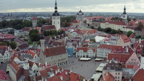 Aerial view Tallinn Estonia.Central town square with town hall cityscape with historic buildings and old architecture.