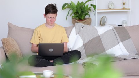 Online education of teen students at home. Positive teen boy works on  modern laptop during video lesson sitting on cozy sofa in living room 4k video