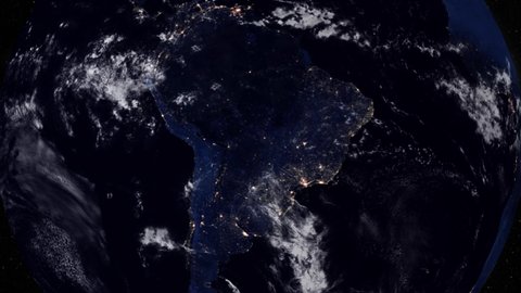 World Zoom Into Central and South America - Planet Earth. The Night View of City Lights from space .Elements of this image furnished by NASA. South America view from space at night 

