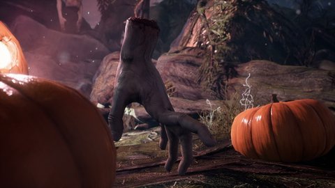A scary hand runs down a path past pumpkins through a mystical dark forest. Halloween horror concept. The animation is perfect for Halloween, horror or apocalypse backgrounds.