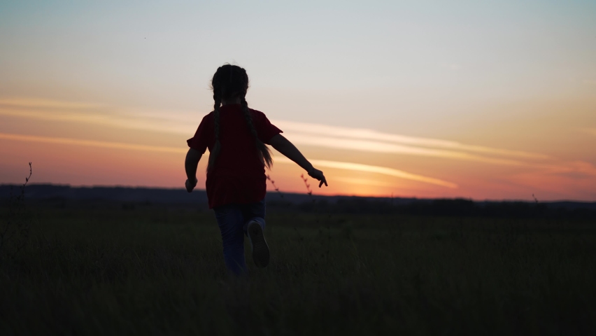 Little girl runs on the green grass. Happy child in a nature park at sunset. A cheerful girl runs in the field. Happy cute child in nature. Sunset in the summer. Girl running on the grass at sunset Royalty-Free Stock Footage #1082300500