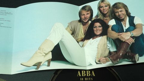 Rome, Italy - November 14, 2021, detail of the cover and CD of ABBA 18 Hits, released by Polar Music International on September 8, 2005, a collection of ABBA hits.