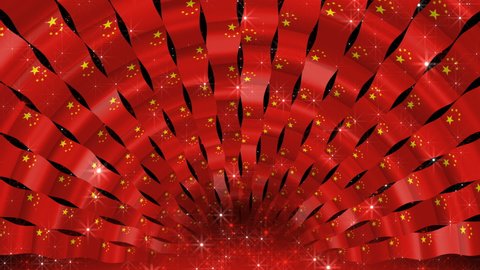 Chinese background. Ribbons of waving country flags. Syvolic arch with a tunnel of flags and stars.