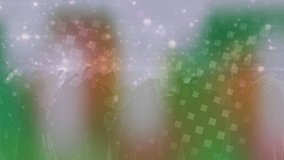Animation of white squares and light projections over dancing crowd with smoke. celebration, party, music and event concept digitally generated video.