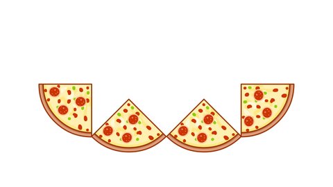 Fraction pizzas cut animation. Whole, one half, semi, halves, quarter pieces, slices pizza. Equal rate, cut pizza fractions. Broken numbers examples. white back. Chart motion graphic. Loop Video