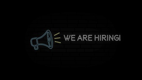 Glowing neon line Megaphone icon with text We're hiring isolated on black background. 4K Video motion graphic animation.