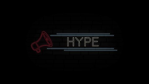 Glowing neon line Megaphone icon with text Hype isolated on black background. 4K Video motion graphic animation.