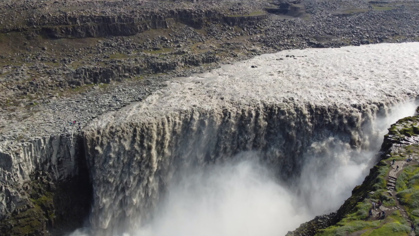 Close Up Aerial Drone View of the Powerful Dettifoss waterfall in Iceland. 