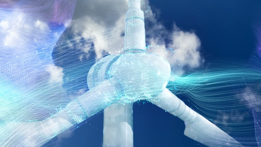Technology Concept: Modern Wind Turbines with Augmented Reality (AR) digitally generated holographic tech data visualization. Renewable Energy  WindMills Virtual Reality Digital effect.  - Powered by Shutterstock - Get 15% off with code: PIKWIZARD15