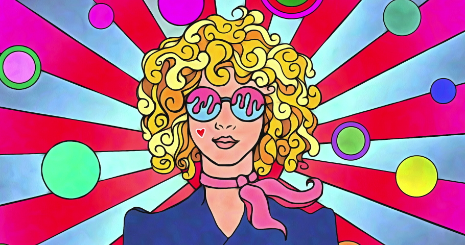 A psychedelic pop art animated sequence with sun rays, spheres, stars, and a curly blond haired woman in a 1960s or 1970s graphic art style. Groovy hippie vibe reminiscent of the era. Royalty-Free Stock Footage #1082314021