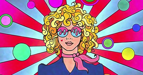 A psychedelic pop art animated sequence with sun rays, spheres, stars, and a curly blond haired woman in a 1960s or 1970s graphic art style. Groovy hippie vibe reminiscent of the era.