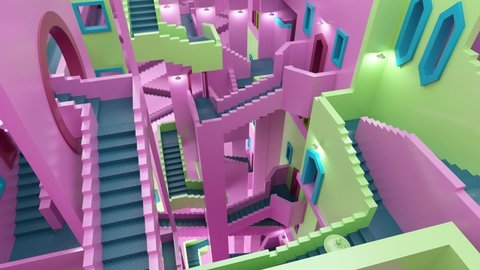 Colorful intricate buildings and stairs. Abstract shapes mazes. The scenery is similar to the TV series "Squid Game". 3d rendering animation