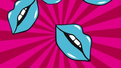 pop art comic lips. 4k video animated. Blue lips on pink background