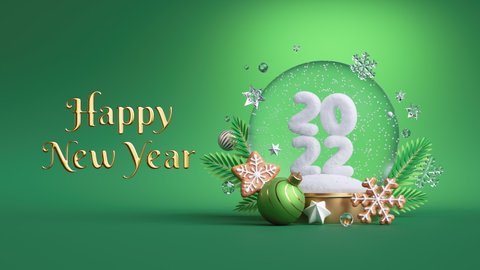 Happy New Year. Animated card with greeting text. 2022 snow number inside the glass ball, decorated with festive ornaments, isolated on green background. Looping horizontal 3d animation