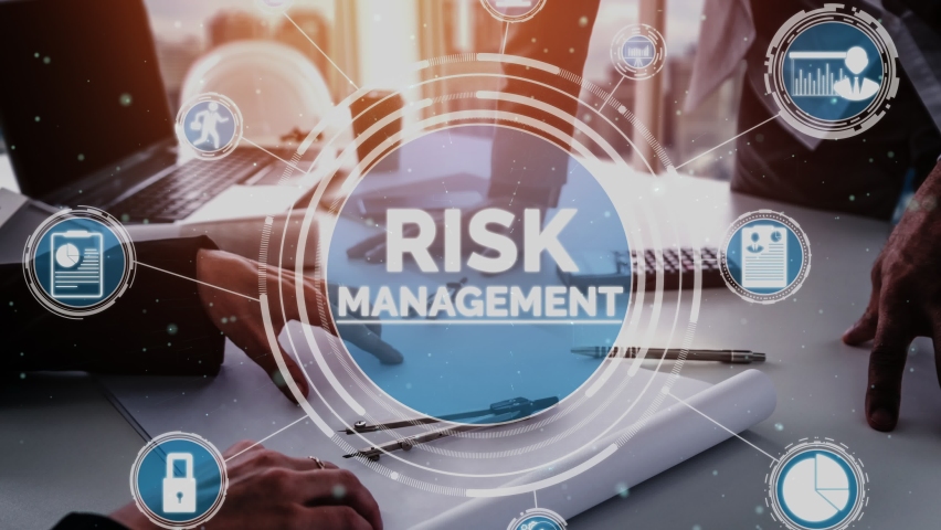 Risk Management and Assessment for Business Investment conceptual . Modern graphic interface showing symbols of strategy in risky plan analysis to control loss and build financial safety . Royalty-Free Stock Footage #1082323228