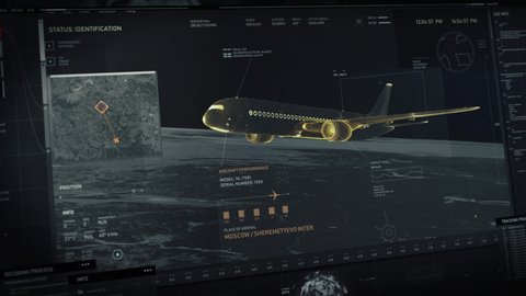 Futuristic Police system is inspecting multiple airplanes in the air. Police system is searching for the target airplane. Police system is searching through the airplane flying towards Moscow. UI.
