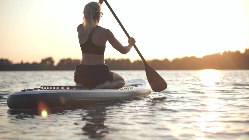 Stand Up Paddle Sport Recreation Fitness. Summer Vacation. Sup Board Journey Sup Surf Swimming. Sport Travel Paddles Rowing Paddleboard.Watersport Floating Sup Paddleboarder Surfboard Sport Recreation | Shutterstock HD Video #1082329576