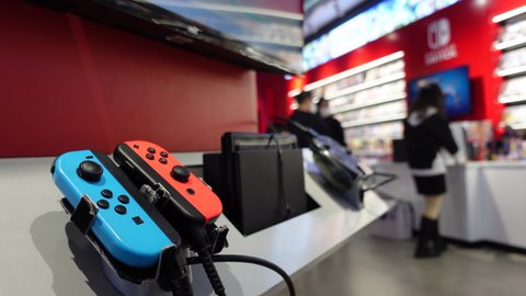 Tianjin,China-Oct 14,2021:The game controllers in a Nintendo Switch store, for customers to have a try.
