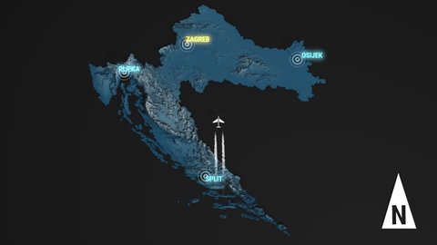 Seamless looping animation of the 3d terrain map at nighttime of Croatia with the capital and the biggest cites in 4K resolution