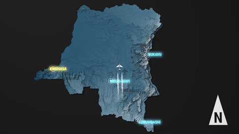 Seamless looping animation of the 3d terrain map at nighttime of Democratic Republic of the Congo with the capital and the biggest cites in 4K resolution