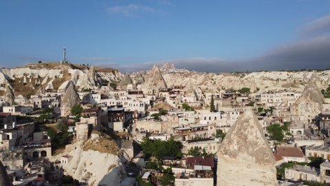 Drone flying in the sky of Cappadocia with beautiful mountain landscapes, Turkey Goreme