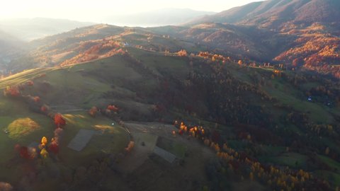 Autumn day in the mountainous countryside from a bird's eye view. Shooting from a quadcopter. Carpathian mountains, Ukraine, Europe. Cinematic aerial shot. Beauty of earth. Filmed in 4k, drone video.