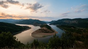 Time lapse video with sunset view of one of the picturesque meanders of the Arda River in the Rhodopes, Bulgaria