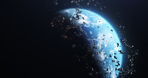 3D render of waste from broken artificial satellites floating in orbit in space around planet Earth