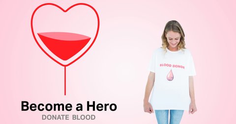 Animation of hero donate blood text and blood heart logo, with smiling woman in blood donor t shirt. blood donor month awareness campaign concept digitally generated video.