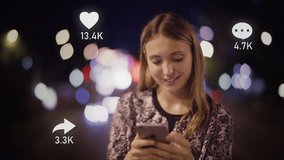 Young Blonde Caucasian Woman Using a Smartphone at Night to Check her Social Media Account. Animated Social Media Icons. Social Network Concept. Likes, Comments and Followers Counter Increasing. - Powered by Shutterstock - Get 15% off with code: PIKWIZARD15