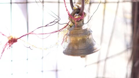 Closeup shot of bell in the Bijli Mahadev temple at Kullu in Himachal Pradesh, India. Bell used for worshipping in the temples. 