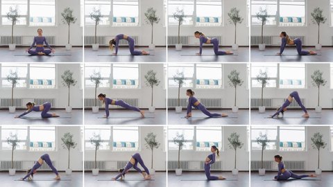 Collage woman performing sequence of yoga asanas in studio. Split screen flexible female doing stretching and balancing exercises. Concept of healthy lifestyle