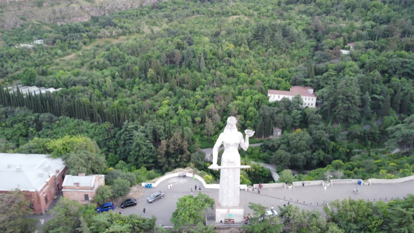 drone flying over of the mother of georgia. Sololaki hill. Close up.