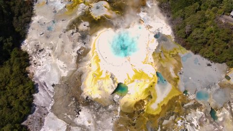 Beautiful colorful thermal area in New Zealand. Aerial drone of Orakei Korako, tourist attraction near Taupo.