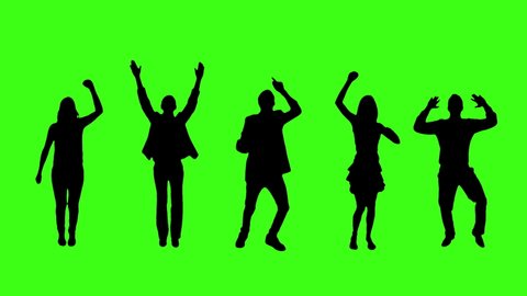 Set Of 5 Cheerful People Clapping And Dancing. Silhouette Of Men And Women Jumping Over Green Screen. Chroma Key. 