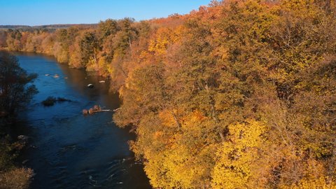 Wild natural sight of a forest and flowing water. Beautiful orange tops of trees in the forest in autumn. Blue clean lake among nature. Aerial view.