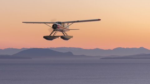 Seaplane Flying over the Pacific Ocean on the West Coast. Adventure Composite. 3D Rendering Airplane. Aerial Background Image from British Columbia near Vancouver, Canada. Cinemagraph loop