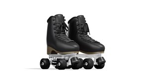 Blank black roller skates with wheels mockup pair, looped rotation, 3d rendering. Empty rollerskating for floor ring mock up, isolated on white background. Clear spin shoelace for jam skate template. - Powered by Shutterstock - Get 15% off with code: PIKWIZARD15