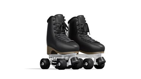 Blank black roller skates with wheels mockup pair, looped rotation, 3d rendering. Empty rollerskating for floor ring mock up, isolated on white background. Clear spin shoelace for jam skate template.