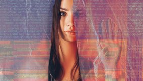 Cyber security. Personal data protection. Information technology. Double exposure of curious disturbed woman face peeping out from behind colorful glitch encryption animation. - Powered by Shutterstock - Get 15% off with code: PIKWIZARD15